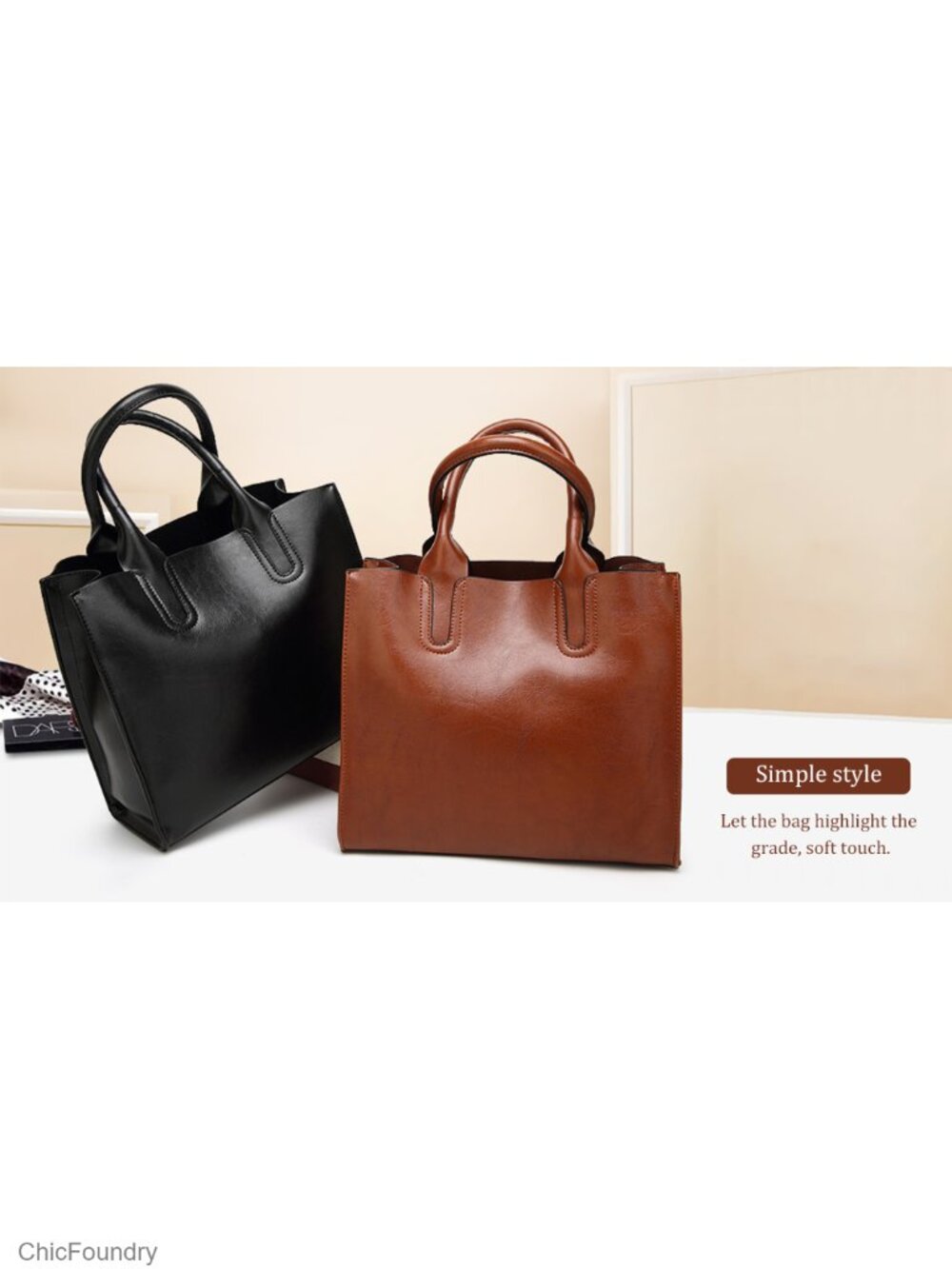 Large Faux Leather Tote Bag, Work Shoulder Purse with Zipper Closure and - Picture 6 of 6